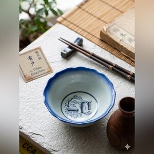 Vintage Japanese Blue & White Scalloped Porcelain Sake/Tea Bowl